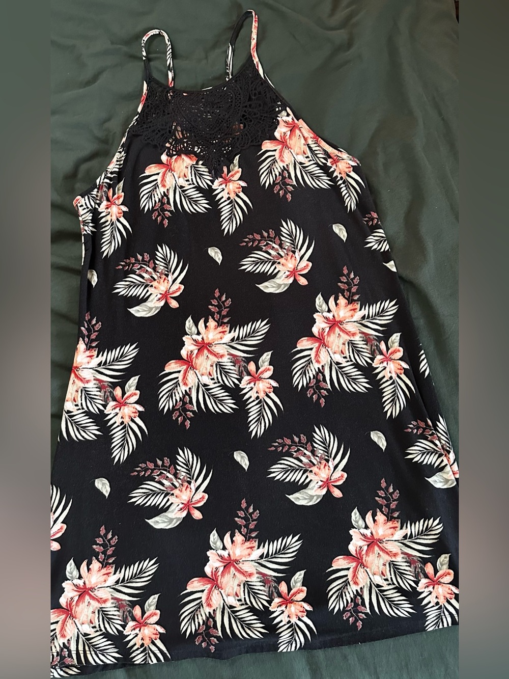 SO Black dress with Coral Floral Print and Crochet Trim
